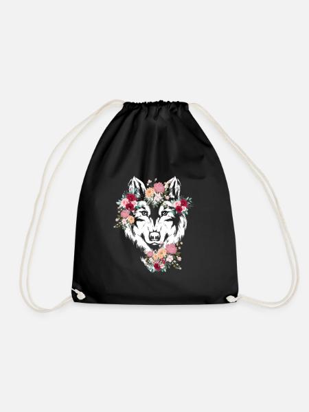 Wolf Wolfskopf Blumen Deko - Turnbeutel - Schwarz