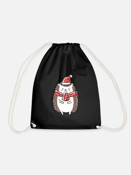 Christmas Hedgehog Christmas Hat Santa Claus - Drawstring Bag - black