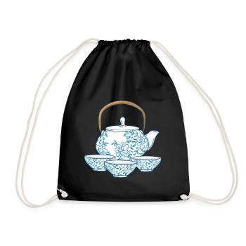 Tee oder Kaffee Kanne mit Tassen asiatische Kunst - Turnbeutel - Schwarz - Vorne