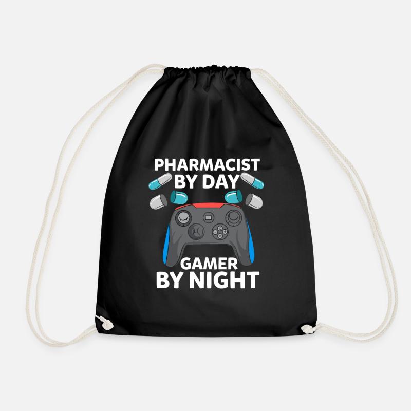 Pharmacist By Day Gamer By Night Gift - Drawstring Bag - black