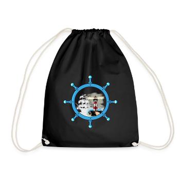 Steering Wheel Ghost Ship Lighthouse Maritime Coast - Drawstring Bag - black - Front