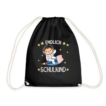 Endlich Schulkind Affe Schultüte Astronaut Rakete - Turnbeutel - Schwarz - Vorne