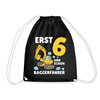 Bagger 6 Jahre Baustelle 6 Geburtstag Junge - Turnbeutel - Schwarz - Vorne