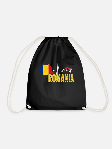 Romania Flag Map Heartbeat for Romanian Pride - Drawstring Bag - black