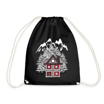 Forest House Hut Winter Fir Trees Romantic - Drawstring Bag - black - Front