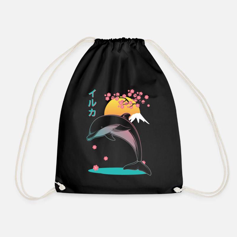 Dolphin Japan Aesthetic - Drawstring Bag - black