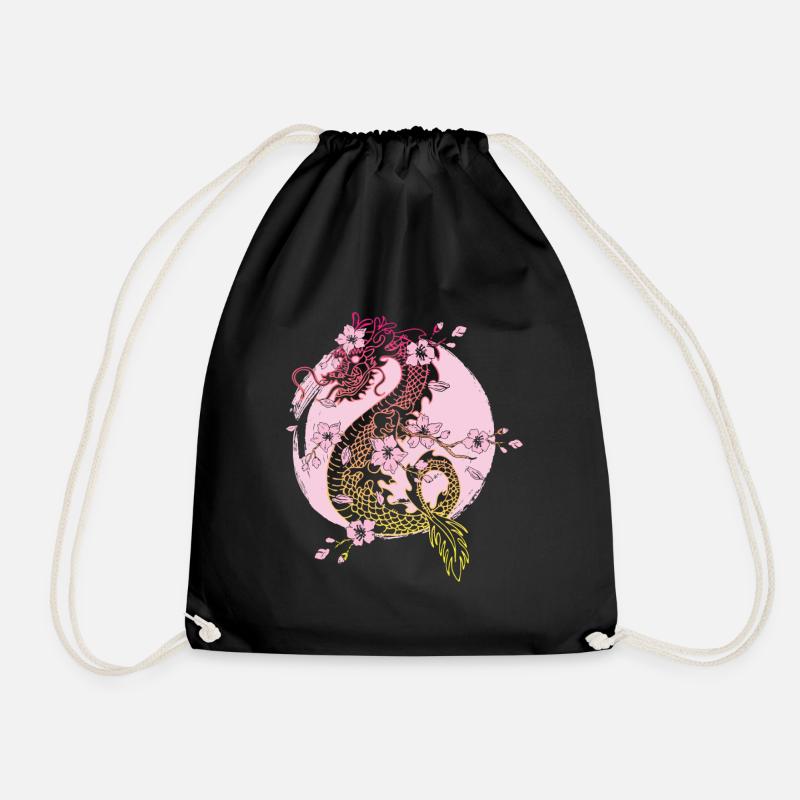Japanese Dragon Cherry Blossoms Sakura Dragon - Drawstring Bag - black