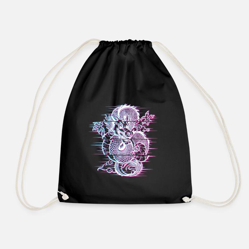Japanese Dragon Vaporwave Japan Glitch Effect - Drawstring Bag - black