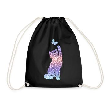 Cat Glitter Print Cat Lover Gift - Drawstring Bag - black - Front