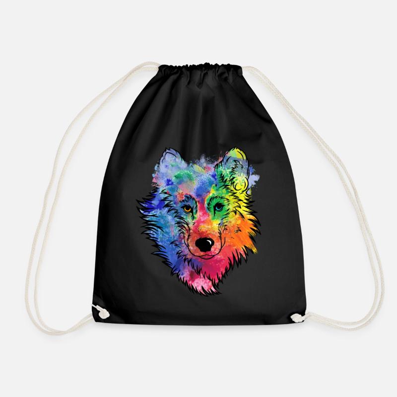 Wolfs Gesicht bunt Aquarell Wolfskopf - Turnbeutel - Schwarz