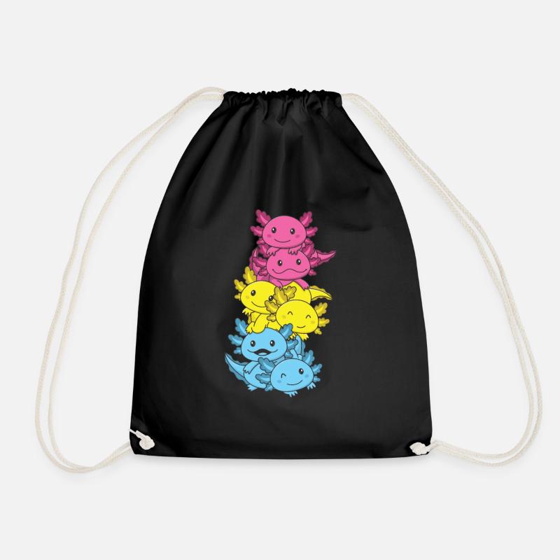 Pansexual Flag Pan Pride LGBTQ Axolotl - Drawstring Bag - black