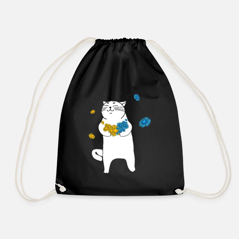 Ukraine Cat Flowers I Stand With Ukraine - Drawstring Bag - black