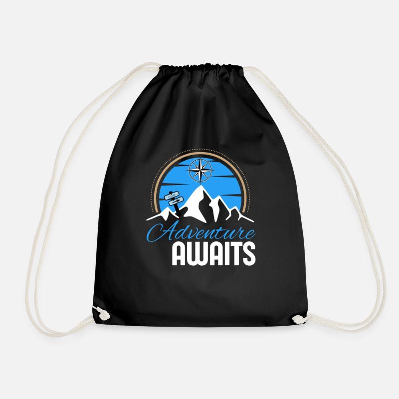 The mountain of adventures and camping - Drawstring Bag - black