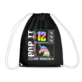 12th Birthday Girl Unicorn Cute Tee, Pop Birthday - Drawstring Bag - black - Front