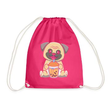 Bubble Milk Tea Mops Hund trinkt Boba Milchtee - Turnbeutel - Fuchsia - Vorne