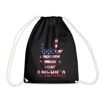 Vintage love rock hand USA flag America Horns band - Drawstring Bag - black - Front
