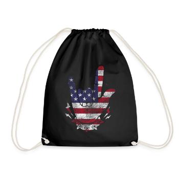 Vintage love rock hand USA flag America Horns band - Drawstring Bag - black - Front