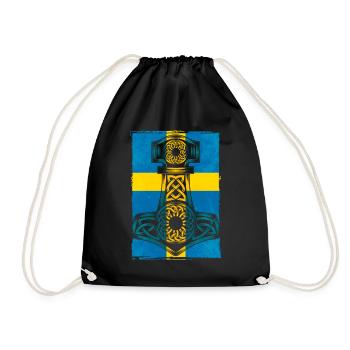 Sweden Swedish Flag Thor Hammer Viking - Drawstring Bag - black - Front
