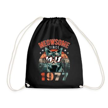 Meowsome 1977 Year of birth 1977 Cat birthday - Drawstring Bag - black - Front
