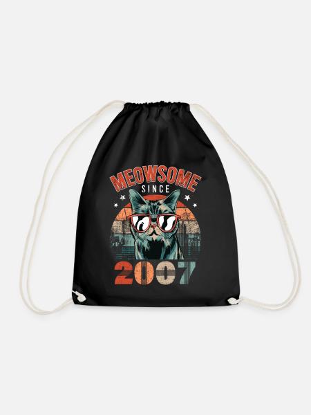 Meowsome 2007 Year of birth 2007 Cat birthday - Drawstring Bag - black