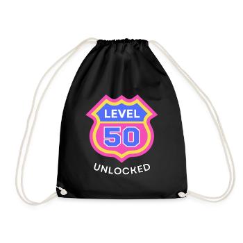 50. Geburtstag - Level 50 erreicht - viel Glück - Turnbeutel - Schwarz - Vorne