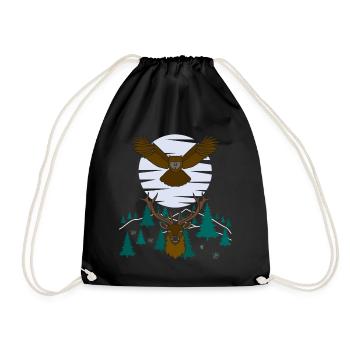 Red Deer Owl Bird Animal Motif - Drawstring Bag - black - Front