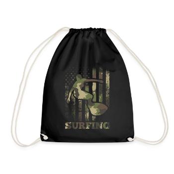 Surfing, Camouflage, Flag, Surfing, US Flag, - Drawstring Bag - black - Front