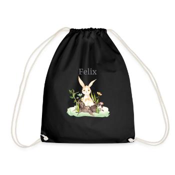 Forest Animal Deer Rabbit Hedgehog Flowers Name Felix - Drawstring Bag - black - Front