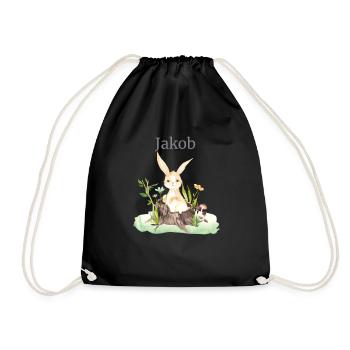 Forest Animal Deer Hare Hedgehog Flowers Name Jakob - Drawstring Bag - black - Front
