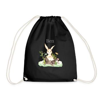 Forest Animal Deer Hare Hedgehog Flowers Name Ben - Drawstring Bag - black - Front