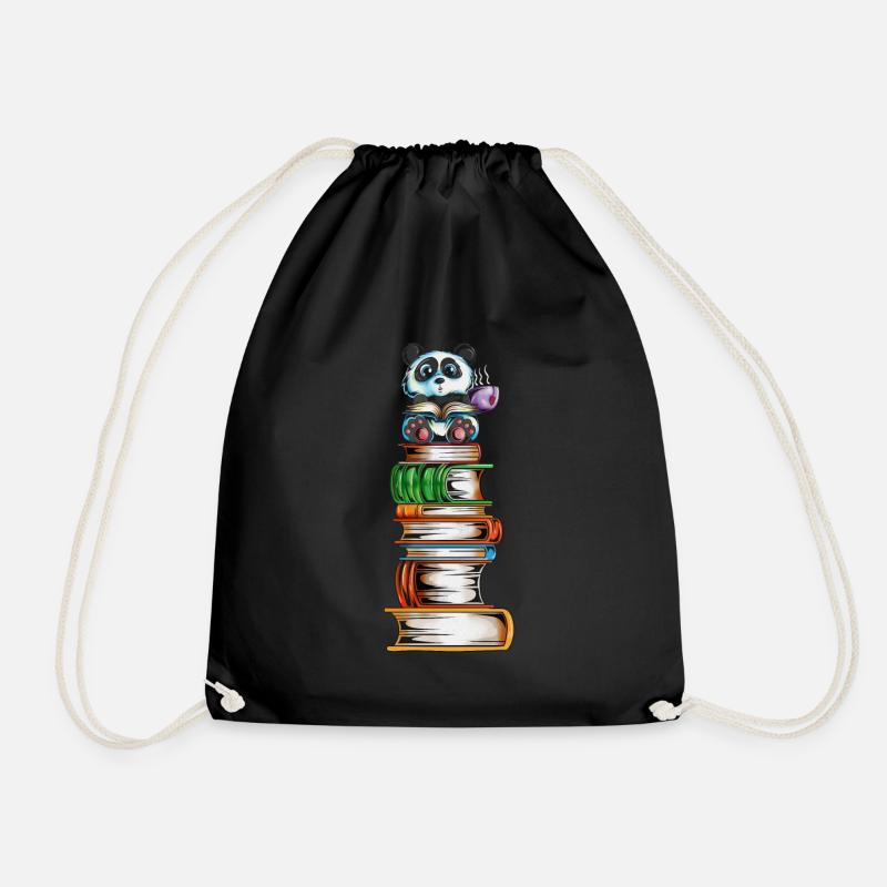 Panda bear on a book tower with tea Read the book - Drawstring Bag - black