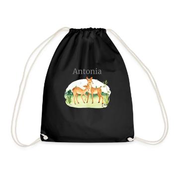Forest Animal Deer Flowers Name Antonia - Drawstring Bag - black - Front
