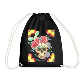 Crâne de sucre mexicain avec fleurs et cactus - Sac de sport léger - noir - Devant