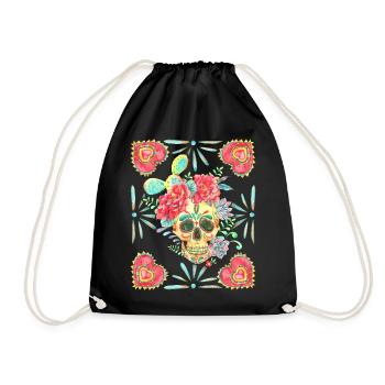 Mexican Sugar Skull, Heart Heart and Cactus - Drawstring Bag - black - Front