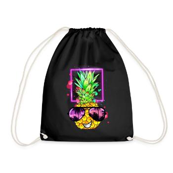 cool pineapple retro neon - Drawstring Bag - black - Front