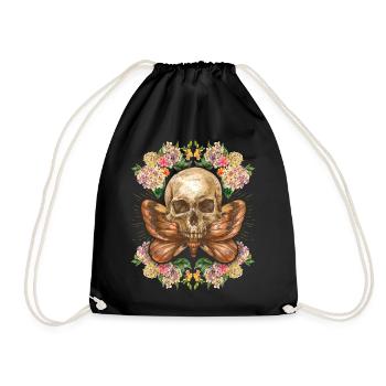 Totenkopf Schädel Skull mit Nachtfalter Hortensien - Turnbeutel - Schwarz - Vorne