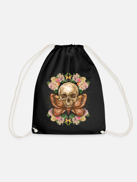 Totenkopf Schädel Skull mit Nachtfalter Hortensien - Turnbeutel - Schwarz