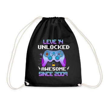 Level 14 Unlocked Awesome Since 2009 Funny Gamer - Drawstring Bag - black - Front