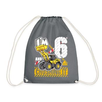 I'm 6 & Crushing It 6th Birthday Boys Excavator - Drawstring Bag - grey - Front