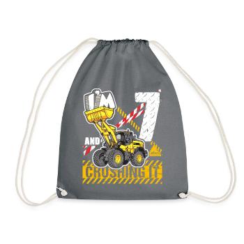 I'm Seven& Crushing It Birthday Boys Excavator - Drawstring Bag - grey - Front