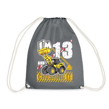 I'm 13 & Crushing It 13th Birthday Boys Excavator - Drawstring Bag - grey - Front