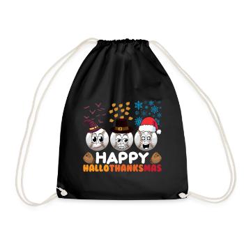 Happy Hello Thanksmas Halloween Thanksgiving Xmas - Drawstring Bag - black - Front