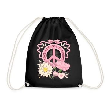 Frieden-Symbol Friedenszeichen, Love-Peace-Flowers - Turnbeutel - Schwarz - Vorne