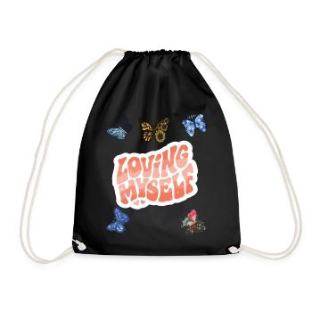 Loving Myself Butterfly Motivational Saying with B - Drawstring Bag - black - Front