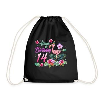 Aloha Birthday 14 Flamingo Bird 14th Birthday - Drawstring Bag - black - Front