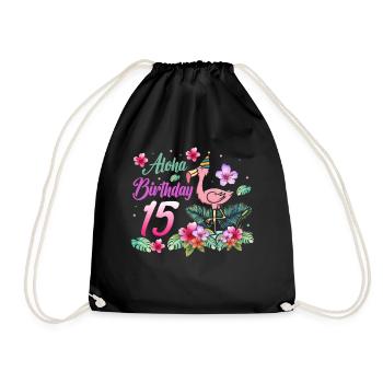 Aloha Birthday 15 Flamingo Bird 15th Birthday - Drawstring Bag - black - Front
