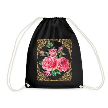 Rose Watercolor Vintage Roses Botanically Gold Frame - Drawstring Bag - black - Front