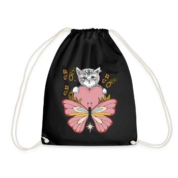 Katze mit Herz-Sonnenblumen-Liebes-Katzen-Schmette - Turnbeutel - Schwarz - Vorne