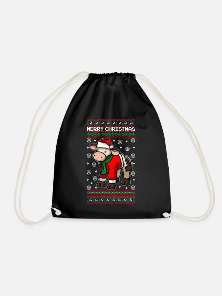 Christmas Cow Merry Christmas - Drawstring Bag - black