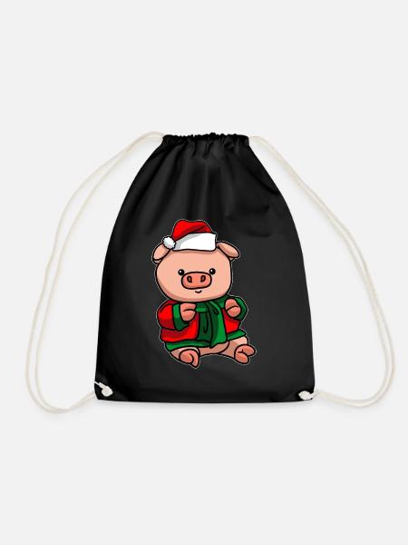 Pig with Christmas Hat Christmas Costume - Drawstring Bag - black